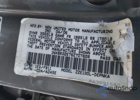 2006 Toyota Corolla Le z USA, uszkodzony, nr VIN 1NXBR32E76Z707828